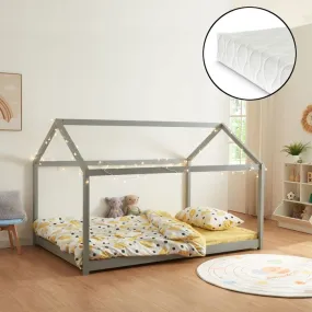 Lit cabane Cerro avec matelas à mousse froid bois de pin contreplaqué 120 x 200 cm gris