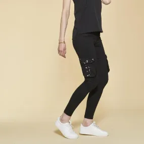 Pantalon cargo sur chevilles poches latérales et coutures genoux femme - Noir en coton | 3 Suisses